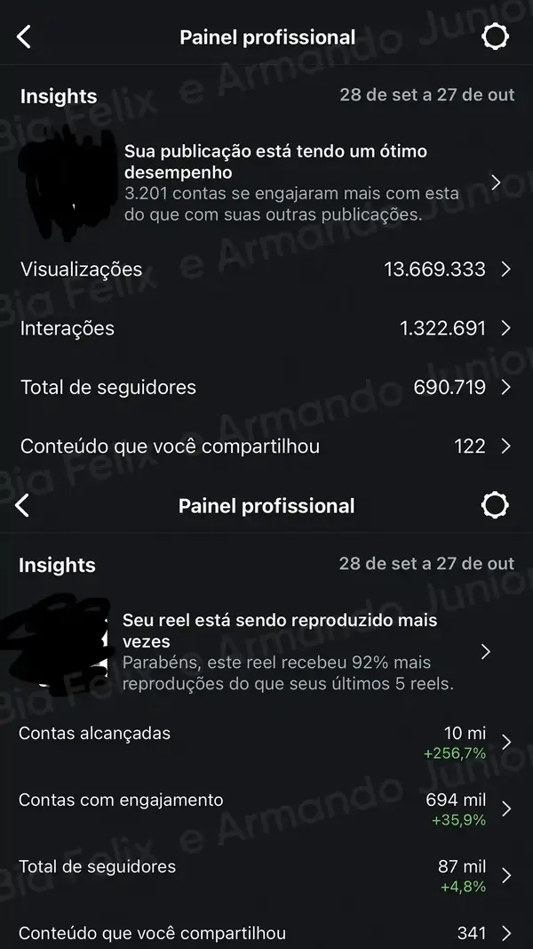 Print de resultado real de Júnior e Bia