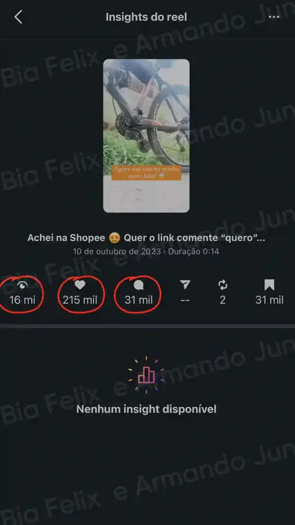 Print de resultado real de Júnior e Bia