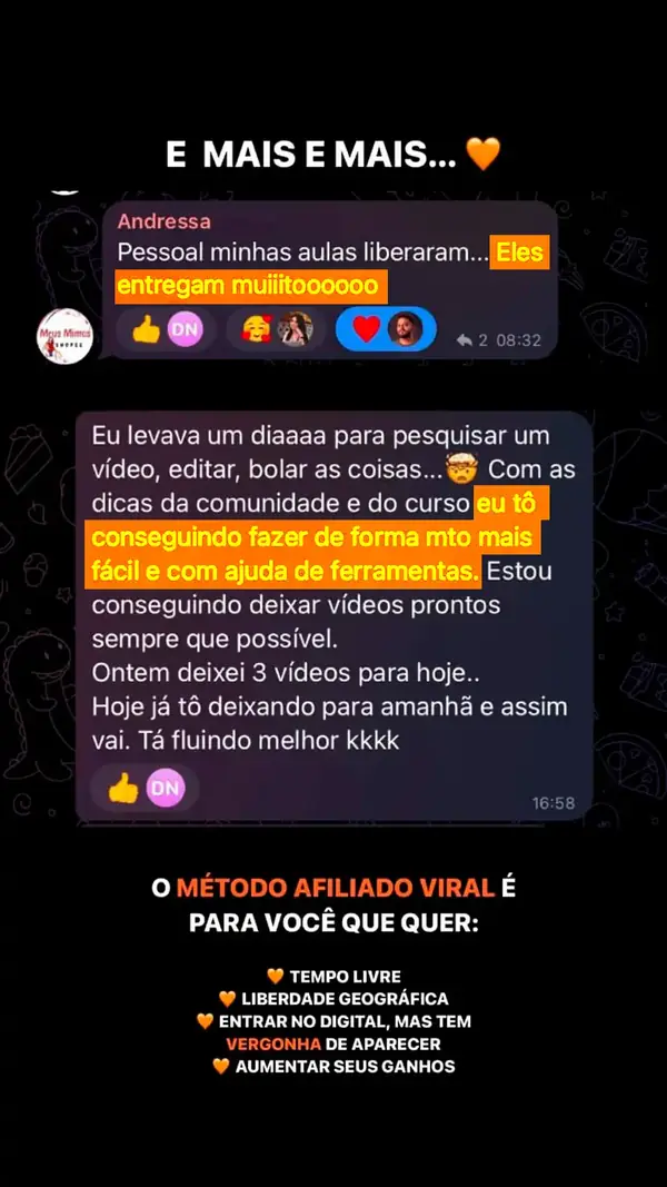 Print de depoimento de aluna do Método Afiliado Viral PRO