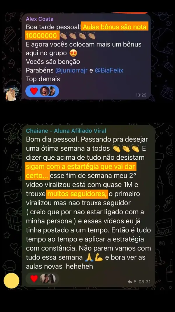 Print de depoimento de aluna do Método Afiliado Viral PRO