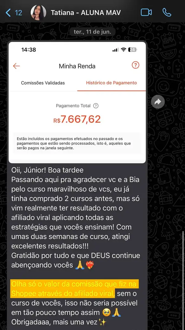 Print de depoimento de aluna do Método Afiliado Viral PRO