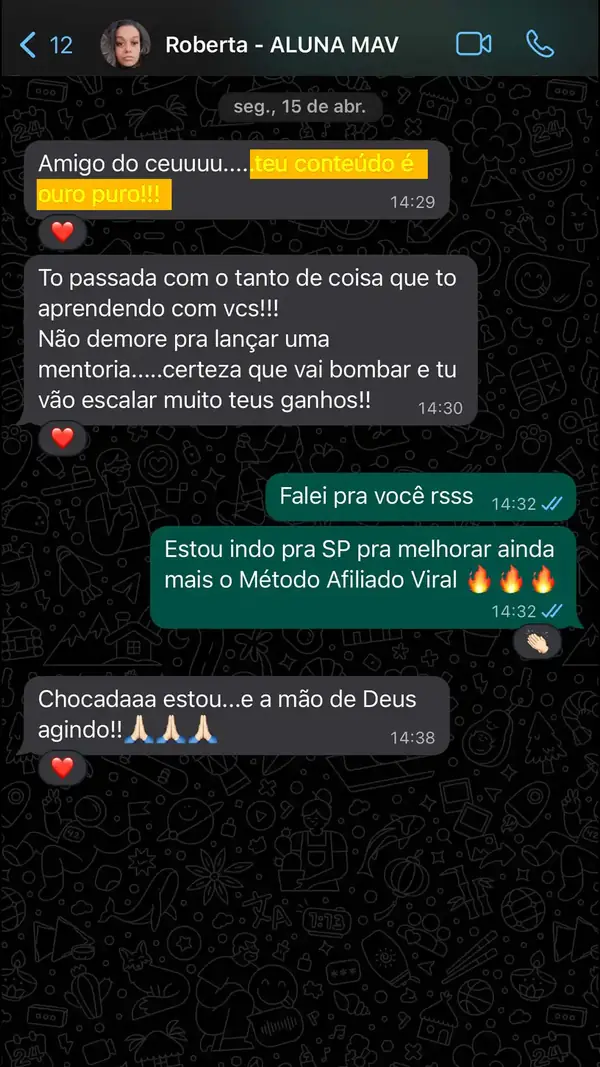 Print de depoimento de aluna do Método Afiliado Viral PRO