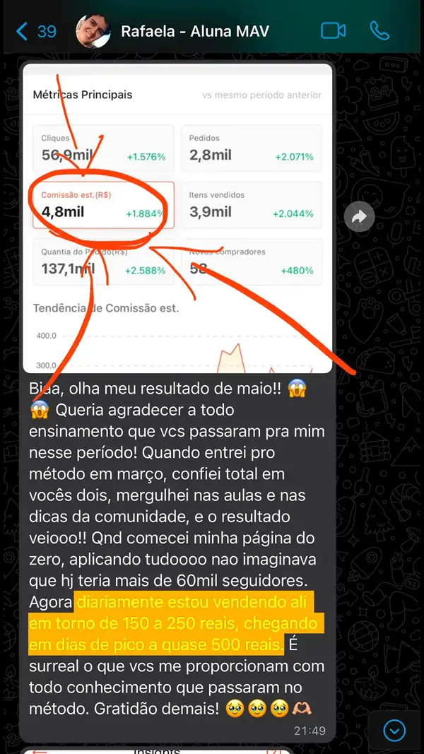 Print de depoimento de aluna do Método Afiliado Viral PRO